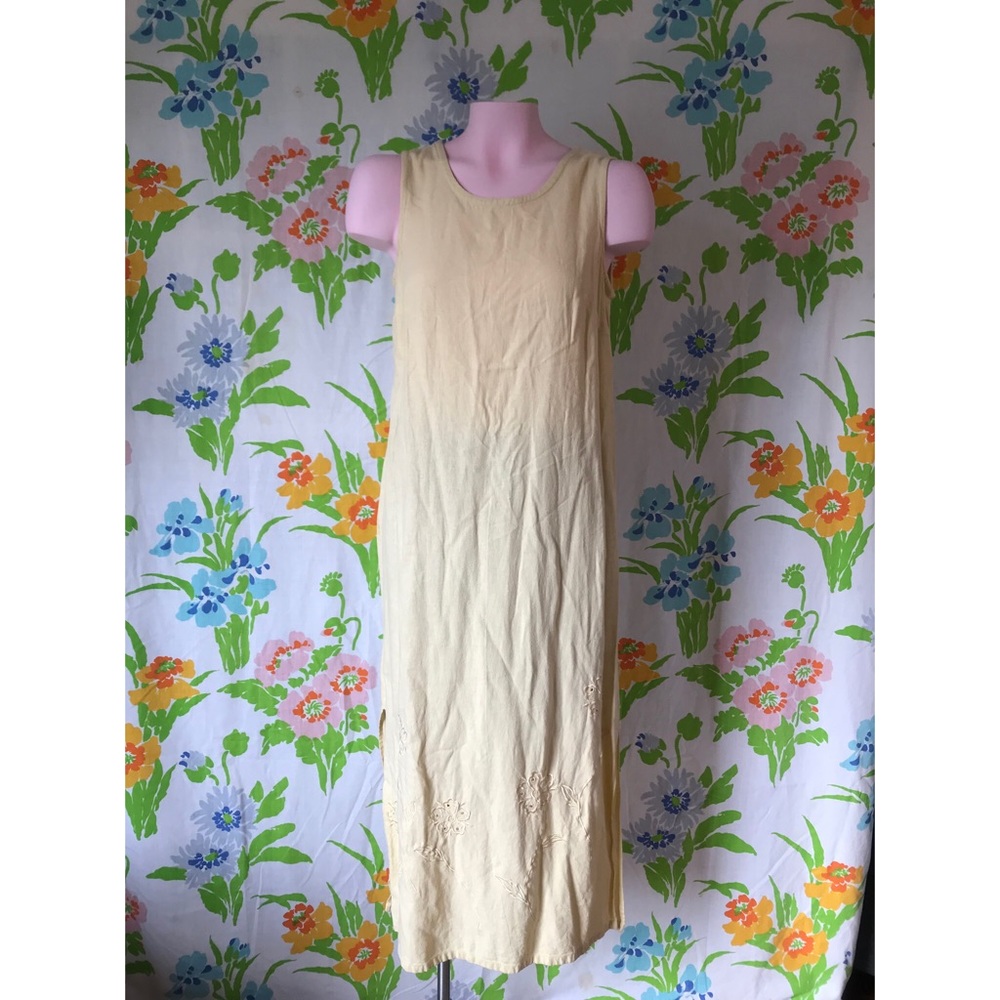 VTG Requirements Yellow Linen Blend Long Maxi Shift Dress Embroidered Flowers S